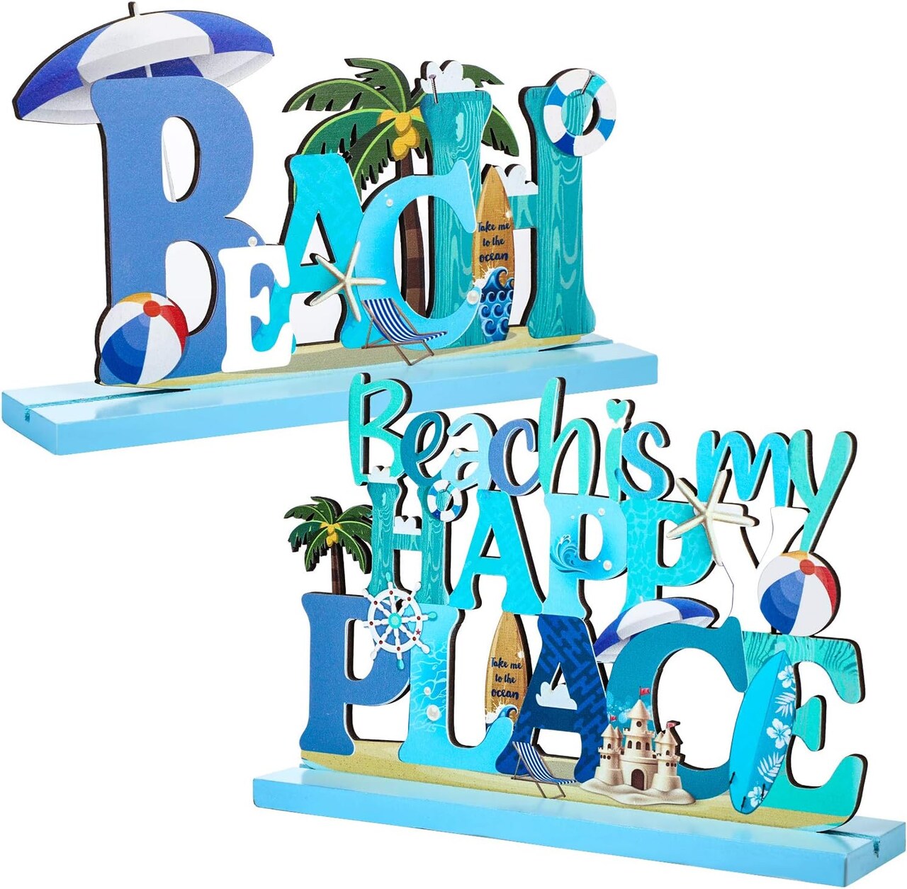 2-Piece Beach Wood Table Sign Set – “Beach Is My Happy Place” Ocean-Themed Coastal Tabletop Decorations for Summer, Tiered Trays & Hawaiian Luau Parties